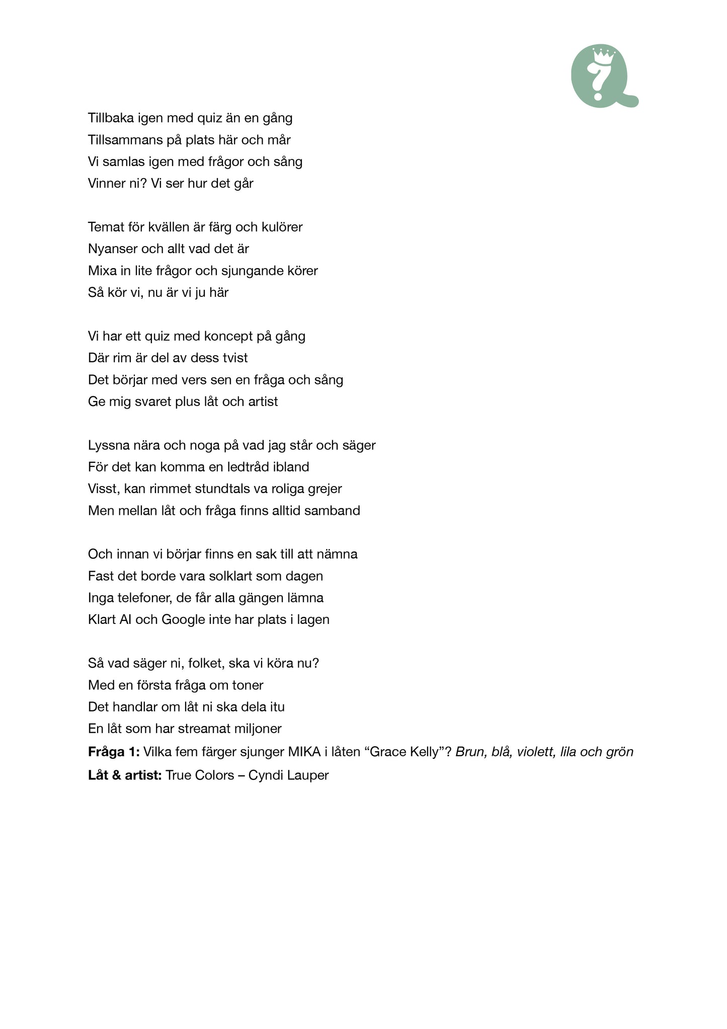 Första sidan i manuset för quiz med tema Färger