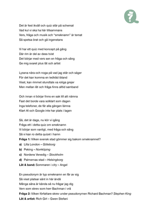 Första sidan i manuset till quiz med tema Smeknamn